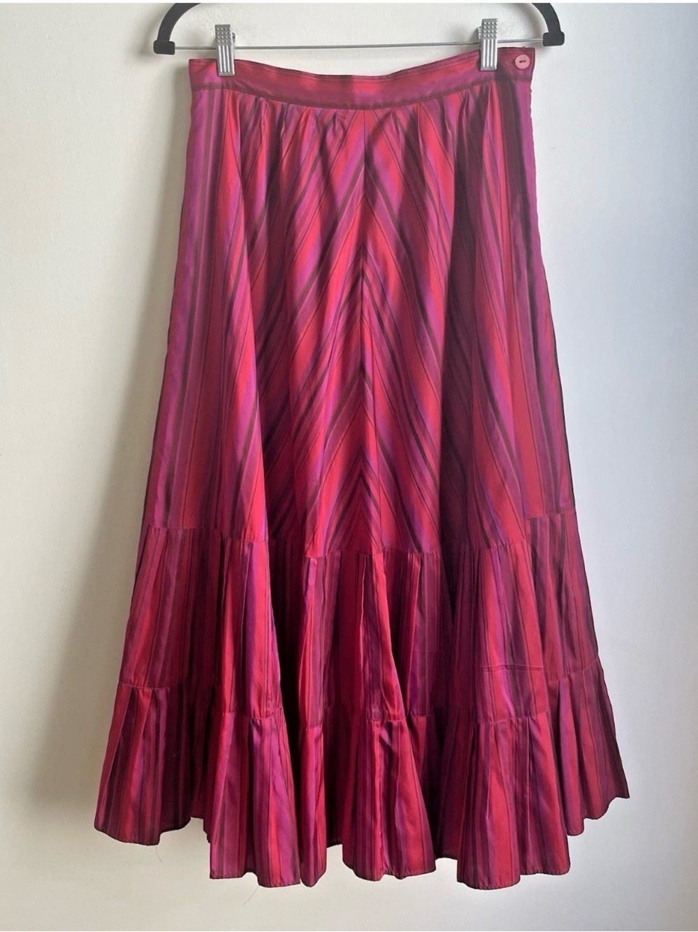 Vintage 90s Ventilo La Colline Silk Organza Midi Skirt Pleated Red Striped 12